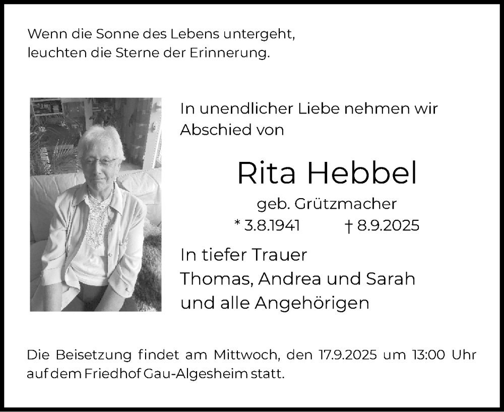  Traueranzeige für Rita Hebbel vom 13.09.2025 aus Allgemeine Zeitung Rheinhessen-Nahe