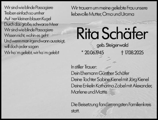 Traueranzeige von Rita Schäfer von Rüsselsheimer Echo