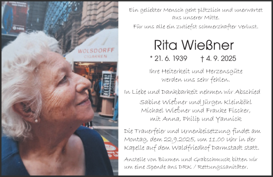 Traueranzeige von Rita Wießner von Starkenburger Echo