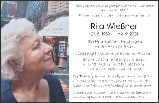 Traueranzeige von Rita Wießner von Darmstädter Echo