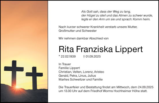 Traueranzeige von Rita Franziska Lippert von Wormser Zeitung