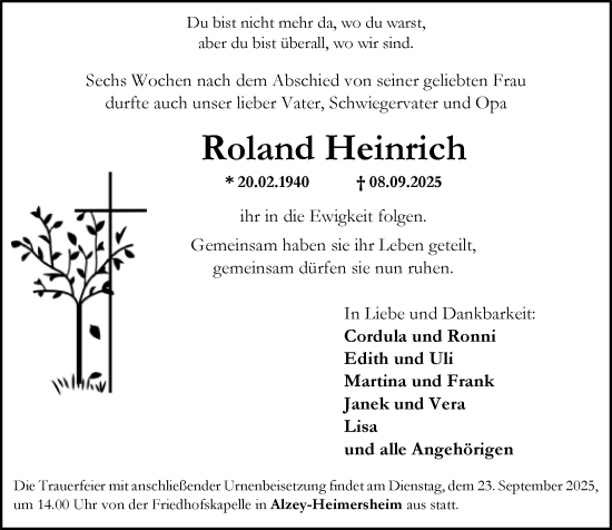 Traueranzeige von Roland Heinrich von Allgemeine Zeitung Alzey
