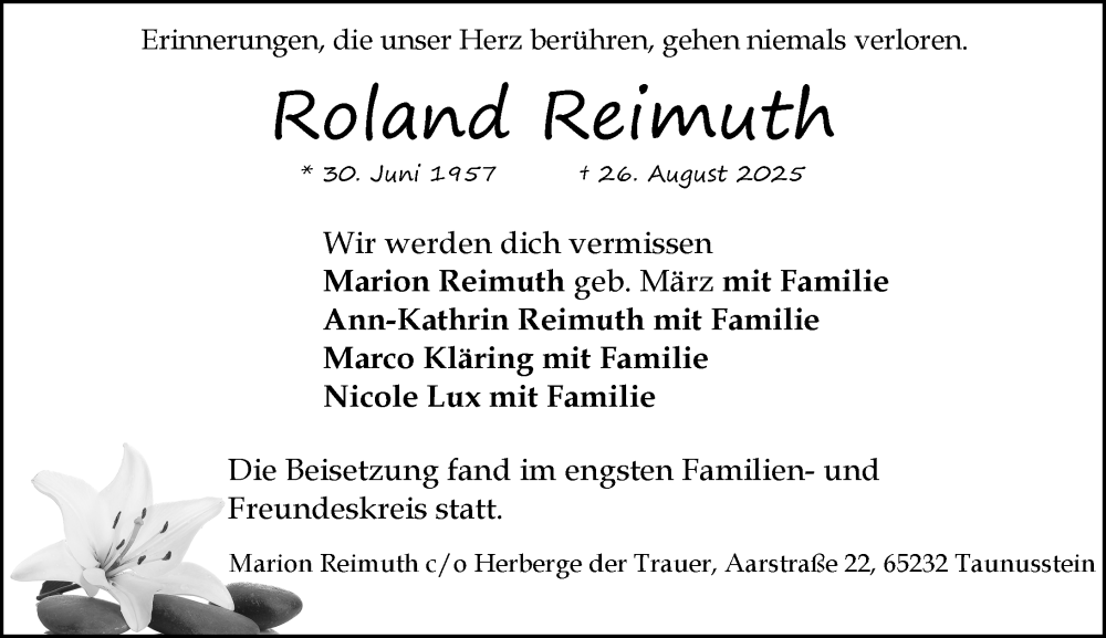  Traueranzeige für Roland Reimuth vom 13.09.2025 aus Wiesbadener Kurier