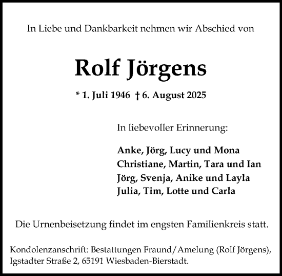 Traueranzeige von Rolf Jörgens von Wiesbadener Kurier