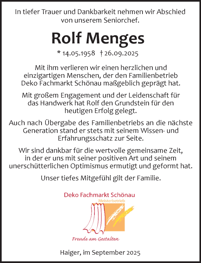  Traueranzeige für Rolf Menges vom 30.09.2025 aus Dill Block