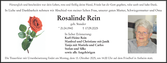 Traueranzeige von Rosalinde Rein von Allgemeine Zeitung Mainz