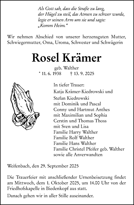 Traueranzeige von Rosel Krämer von Hinterländer Anzeiger