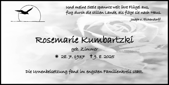 Traueranzeige von Rosemarie Kumbartzki von Allgemeine Zeitung Mainz