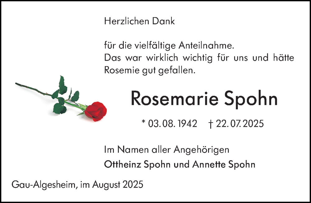  Traueranzeige für Rosemarie Spohn vom 30.08.2025 aus Binger-/Ingelheimer Wochenblatt