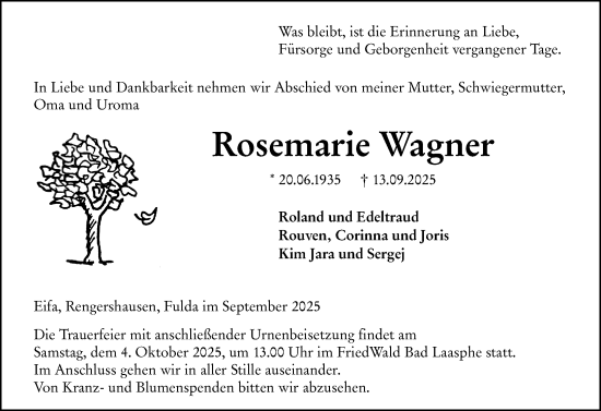 Traueranzeige von Rosemarie Wagner von Hinterländer Anzeiger