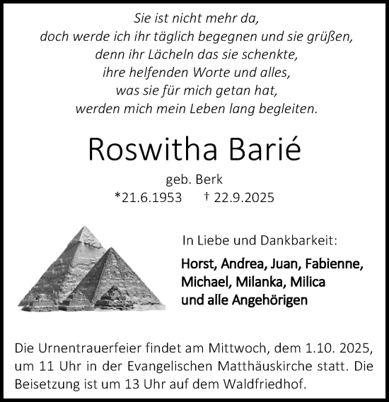 Traueranzeige von Roswitha Barié von Darmstädter Echo