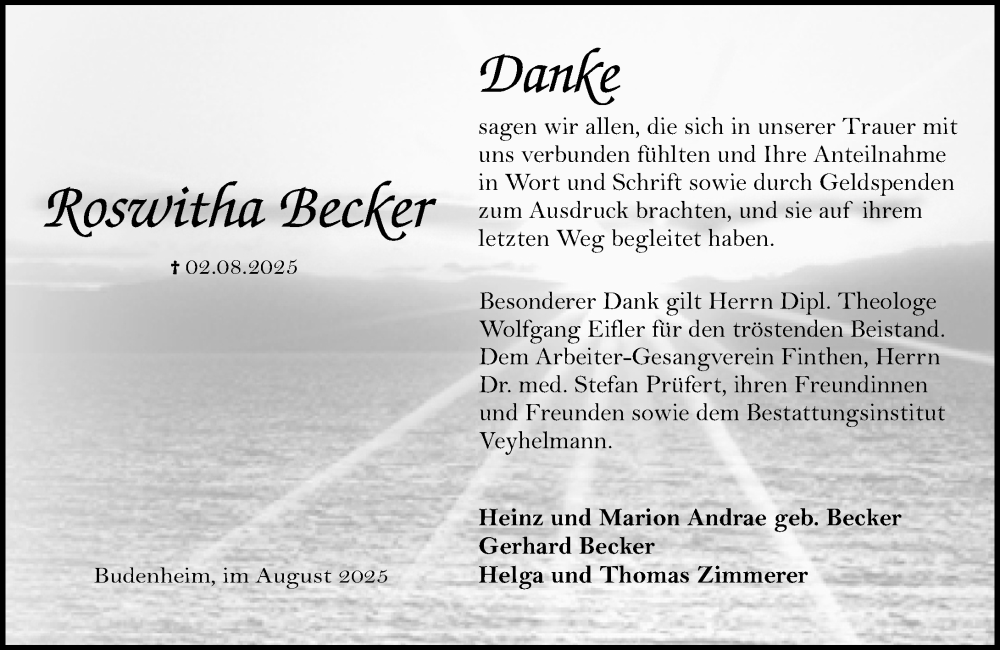  Traueranzeige für Roswitha Becker vom 30.08.2025 aus Allgemeine Zeitung Mainz