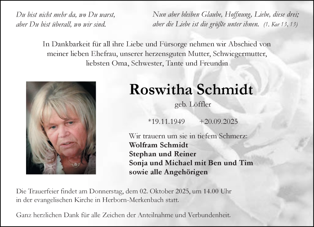  Traueranzeige für Roswitha Schmidt vom 29.09.2025 aus Dill Block