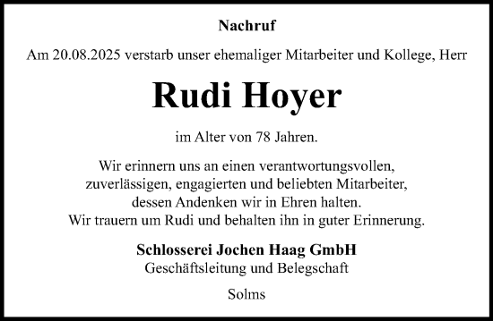 Traueranzeige von Rudi Hoyer von Wetzlarer Neue Zeitung