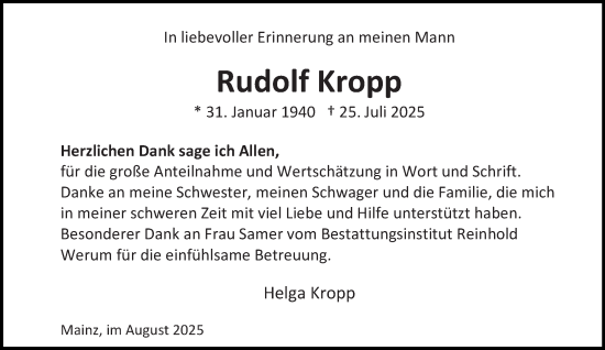 Traueranzeige von Rudolf Kropp von Allgemeine Zeitung Mainz