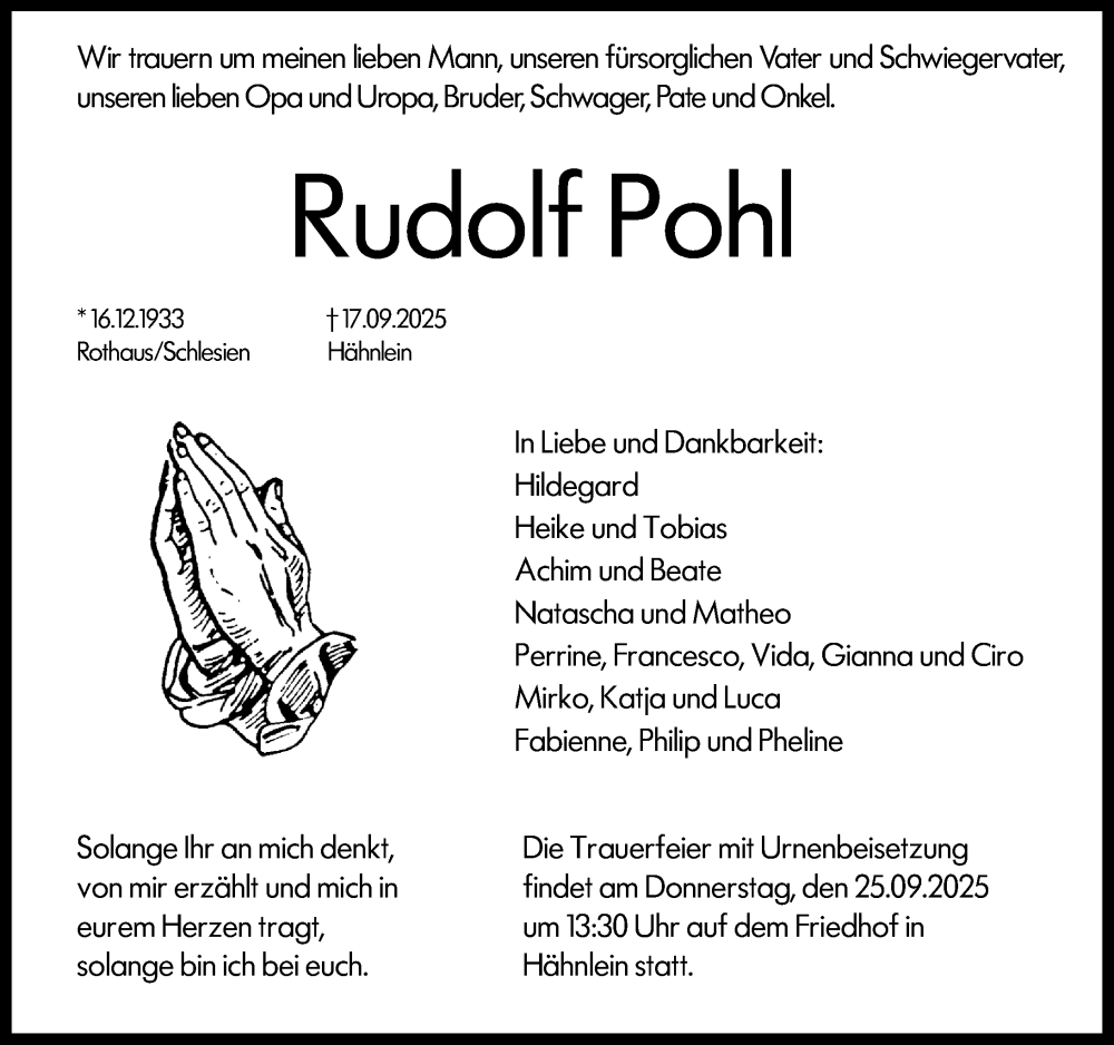  Traueranzeige für Rudolf Pohl vom 20.09.2025 aus Darmstädter Echo