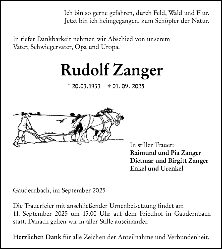  Traueranzeige für Rudolf Zanger vom 06.09.2025 aus Weilburger Tageblatt