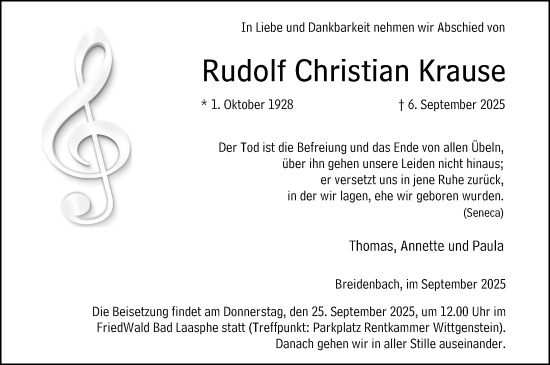 Traueranzeige von Rudolf Christian Krause von Hinterländer Anzeiger