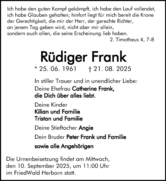 Traueranzeige von Rüdiger Frank von Dill Block