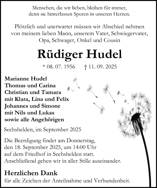 Traueranzeige von Rüdiger Hudel von Dill Block