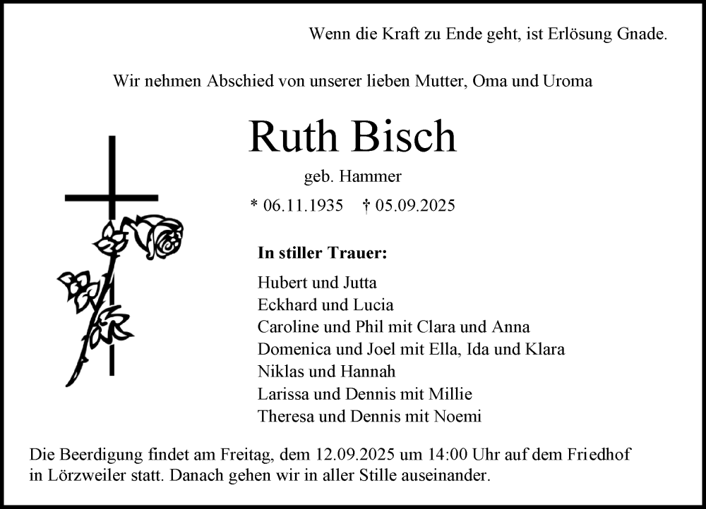  Traueranzeige für Ruth Bisch vom 10.09.2025 aus Allgemeine Zeitung Mainz