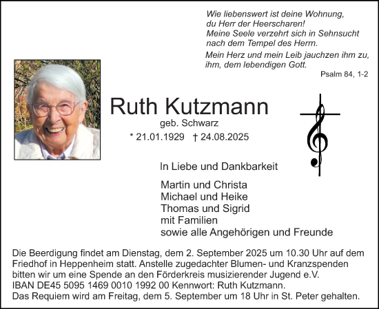 Traueranzeige von Ruth Kutzmann von Starkenburger Echo