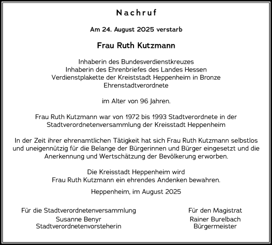Traueranzeige von Ruth Kutzmann von Starkenburger Echo