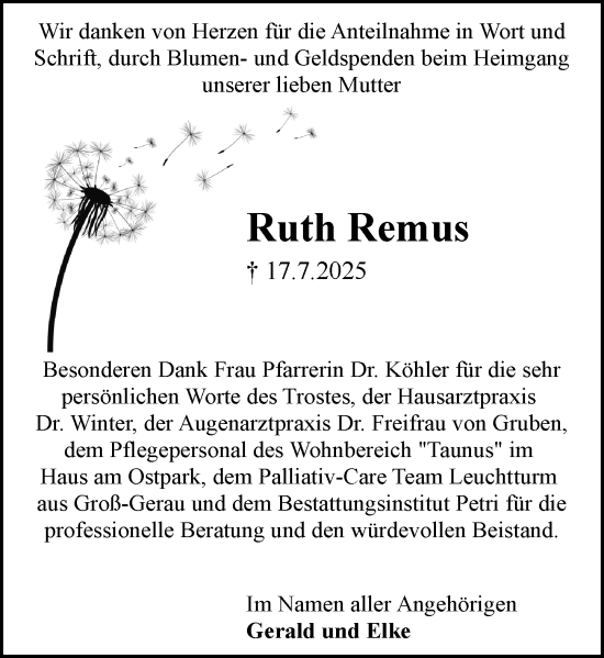 Traueranzeige von Ruth Remus von Rüsselsheimer Echo