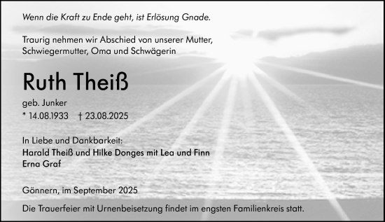 Traueranzeige von Ruth Theiß von Hinterländer Anzeiger