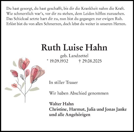 Traueranzeige von Ruth Luise Hahn von Darmstädter Echo