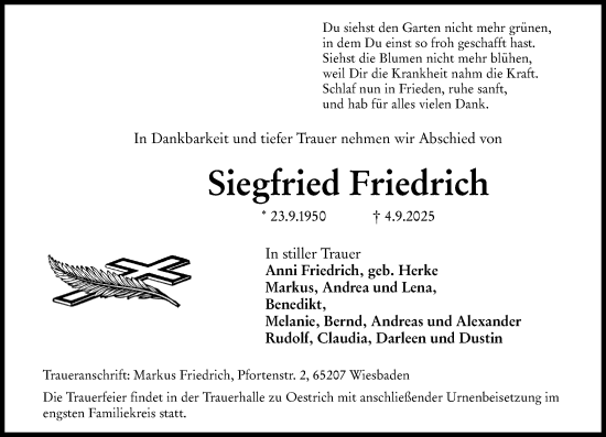 Traueranzeige von Siegfried Friedrich von Wiesbadener Kurier