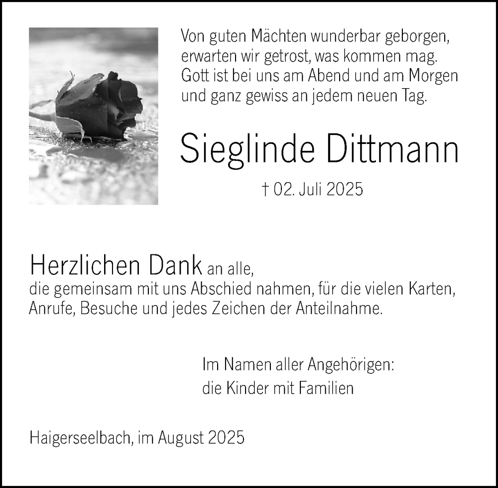  Traueranzeige für Sieglinde Dittmann vom 30.08.2025 aus Dill Block