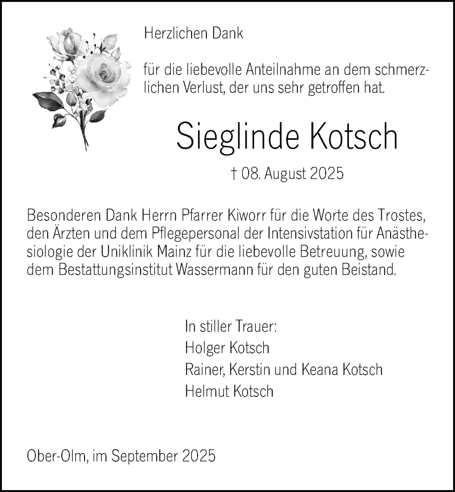  Traueranzeige für Sieglinde Kotsch vom 13.09.2025 aus Allgemeine Zeitung Mainz