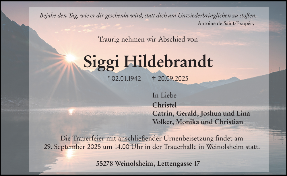  Traueranzeige für Siggi Hildebrandt vom 27.09.2025 aus Allgemeine Zeitung Mainz