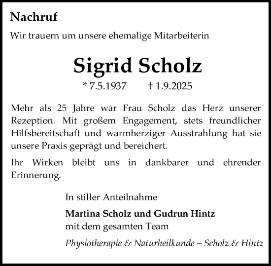 Traueranzeige von Sigrid Scholz von Darmstädter Echo