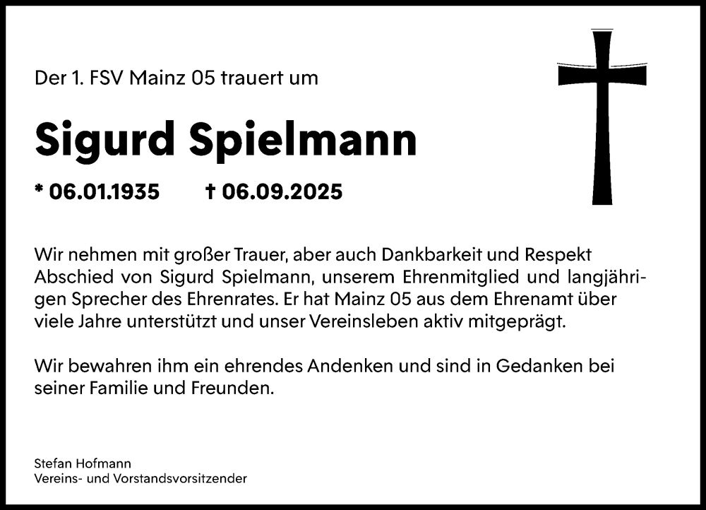  Traueranzeige für Sigurd Spielmann vom 13.09.2025 aus Allgemeine Zeitung Mainz