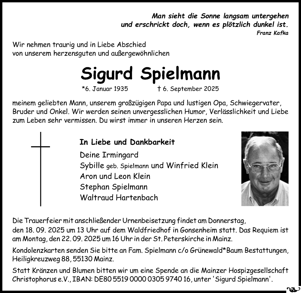  Traueranzeige für Sigurd Spielmann vom 13.09.2025 aus Allgemeine Zeitung Mainz