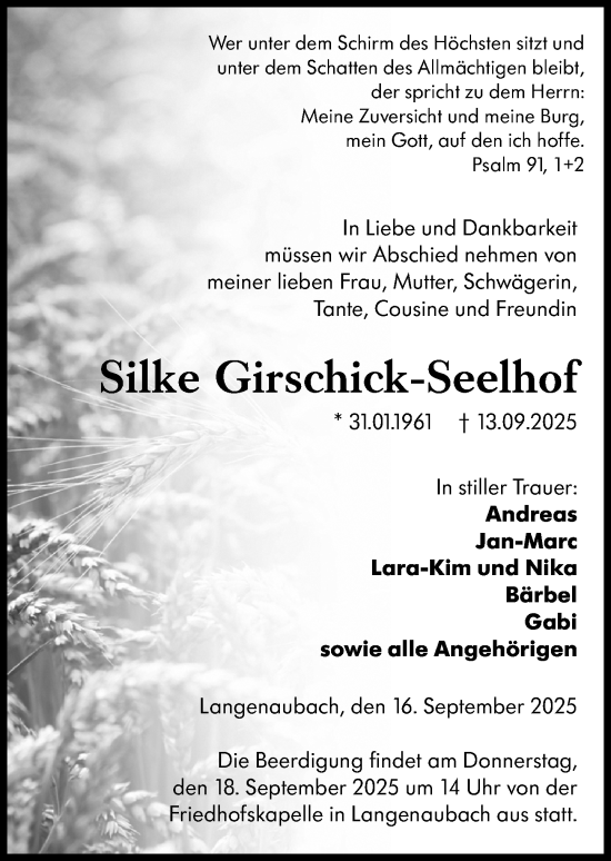 Traueranzeige von Silke Girschick-Seelhof von Dill Block