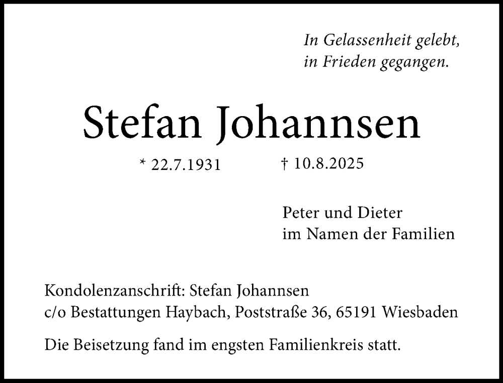  Traueranzeige für Stefan Johannsen vom 13.09.2025 aus Wiesbadener Kurier