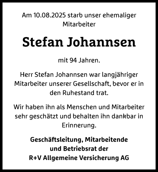 Traueranzeige von Stefan Johannsen von Wiesbadener Kurier