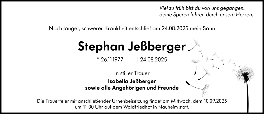  Traueranzeige für Stephan Jeßberger vom 06.09.2025 aus Rüsselsheimer Echo