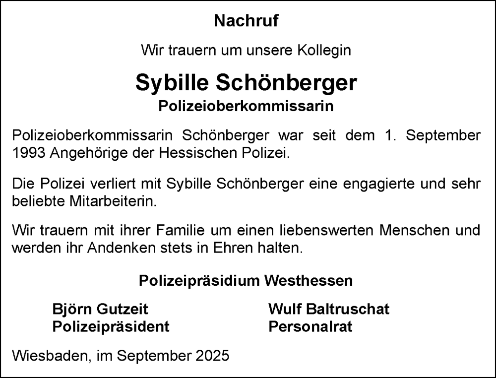  Traueranzeige für Sybille Schönberger vom 19.09.2025 aus Wiesbadener Kurier