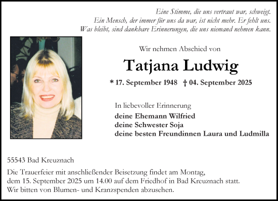 Traueranzeige von Tatjana Ludwig von Allgemeine Zeitung Rheinhessen-Nahe