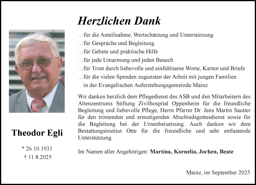  Traueranzeige für Theodor Egli vom 20.09.2025 aus Allgemeine Zeitung Mainz