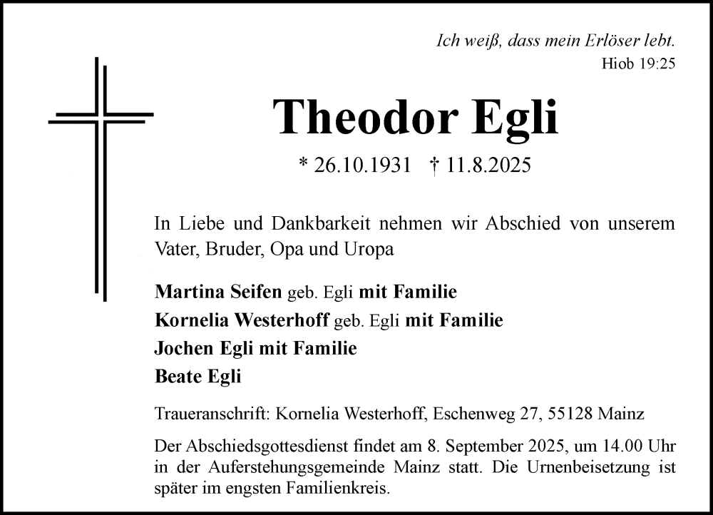  Traueranzeige für Theodor Egli vom 30.08.2025 aus Allgemeine Zeitung Mainz