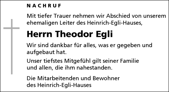 Traueranzeige von Theodor Egli von Allgemeine Zeitung Mainz