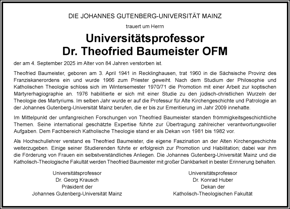  Traueranzeige für Theofried Baumeister vom 13.09.2025 aus Allgemeine Zeitung Mainz