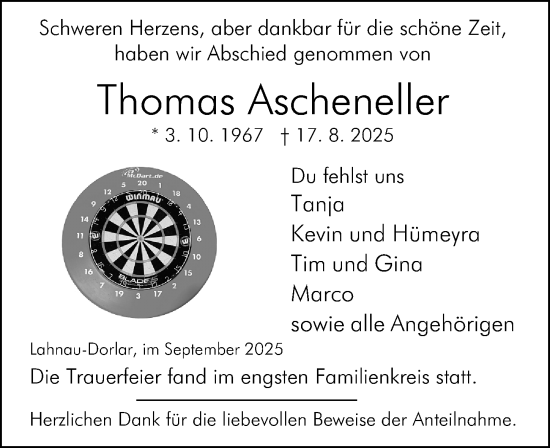 Traueranzeige von Thomas Ascheneller von Wetzlarer Neue Zeitung