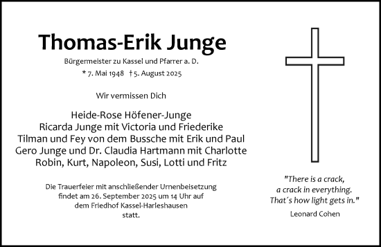 Traueranzeige von Thomas-Erik Junge von Wiesbadener Kurier