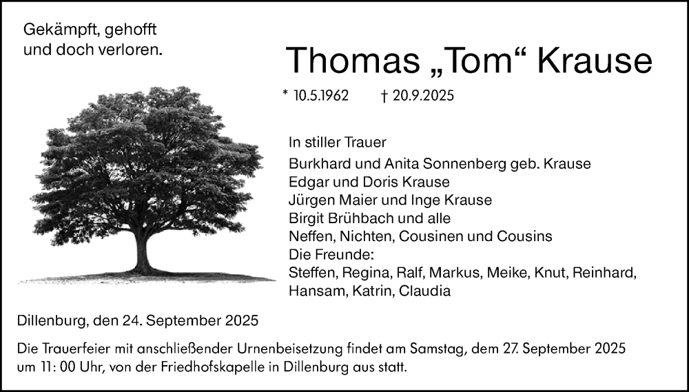  Traueranzeige für Thomas Krause vom 24.09.2025 aus Dill Block